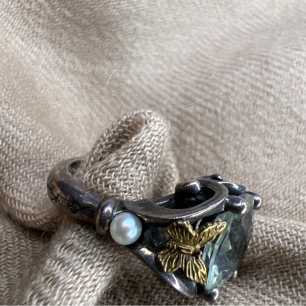 Ann king sterling silver 18K green amethyst/prasiolite pearl butterfly ring - Picture 4 of 16